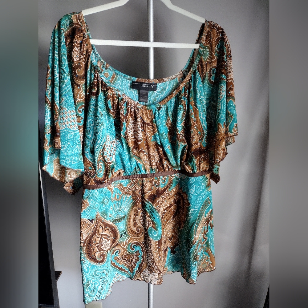 Vibrant paisley blouse with Blue & Brown patterns with Blue Sequins 22/24
